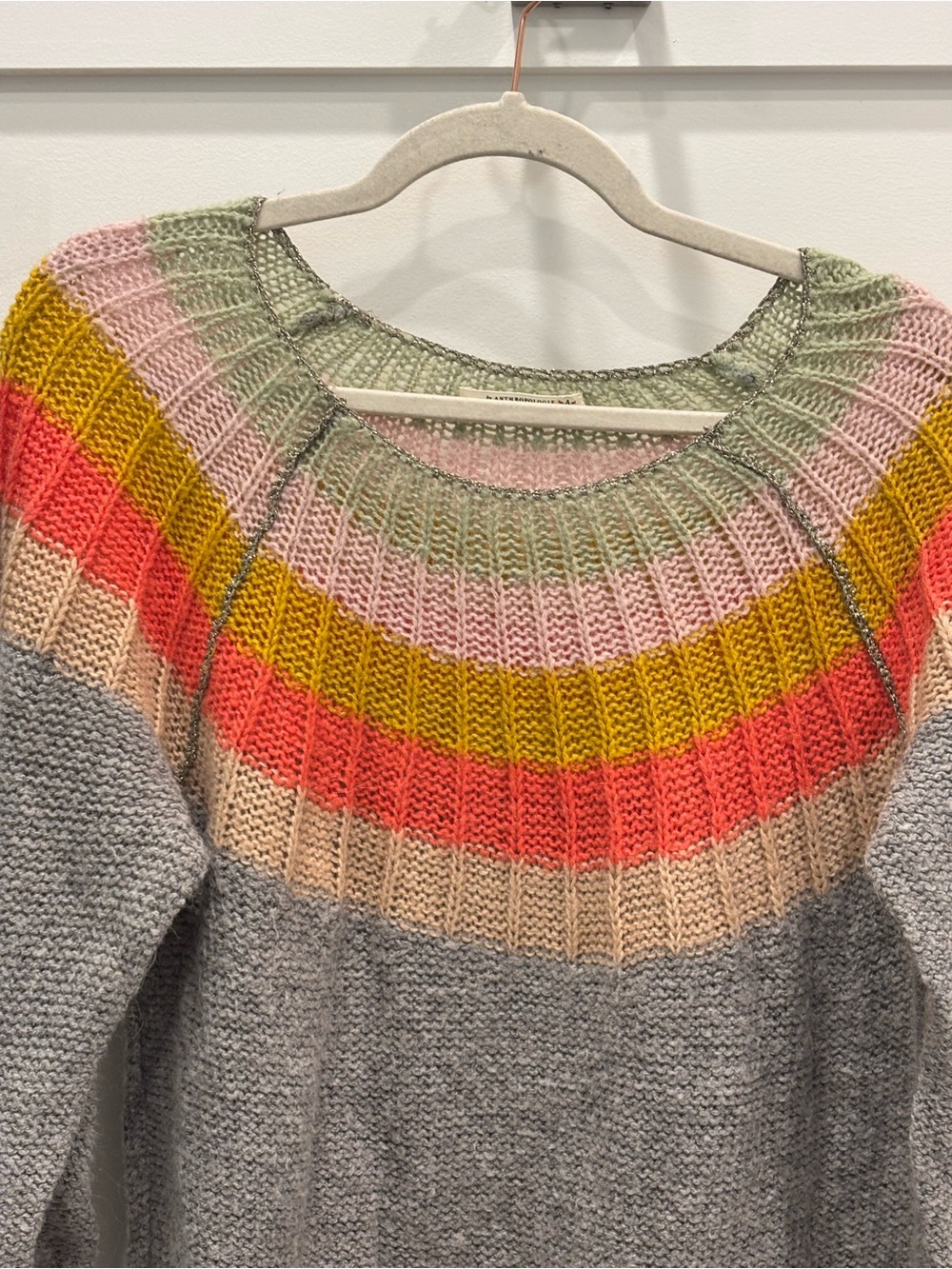 Anthropologie Colleen Sweater Gray Scoop-Neck Sweater with Pastel Rainbow Yoke - Picture 5 of 9